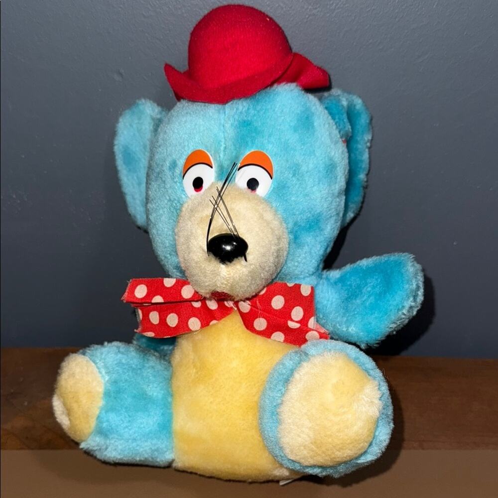 Vintage 1960s B J Toy Co Hard Stuffed Plush Blue Mouse Red Hat Tie Whiskers 10”